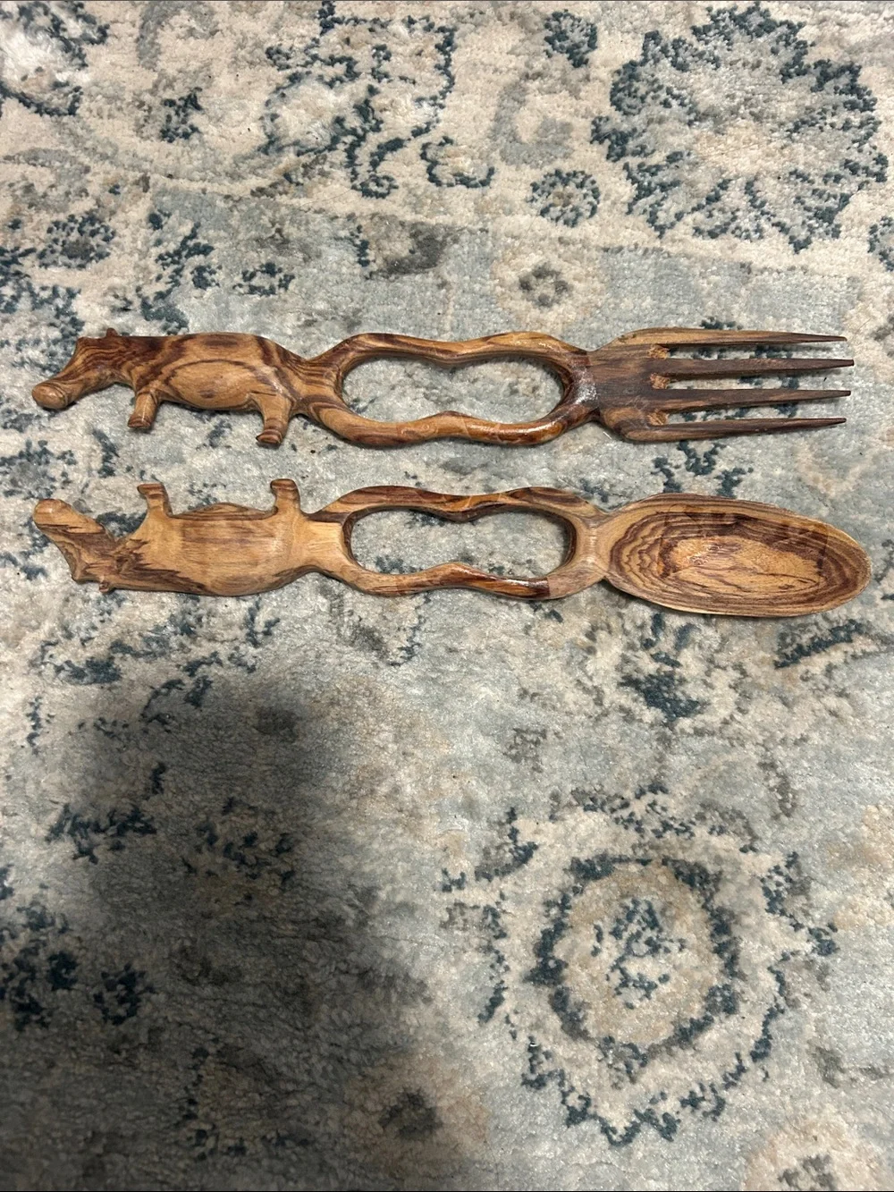 Carved Wooden Hippo Salad Server Set - Brown